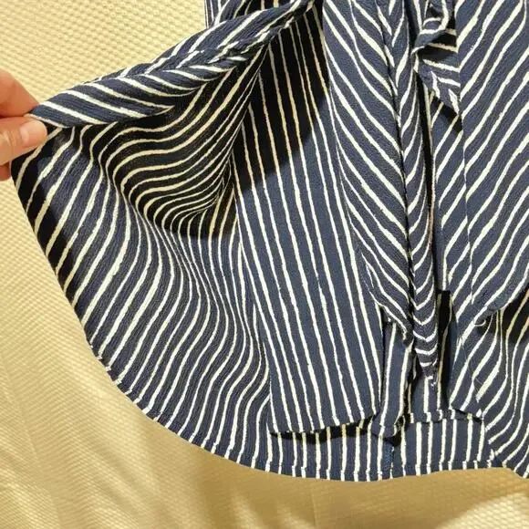 GAP M Navy White Vertical Stripe Wrap Dress Midi Long Sleeve V-Neck Tie Waist - Picture 2 of 7